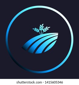 Wheat field sign. White, cyan and blue gradient icon as round button in white shell at dark blue background. Illustration.