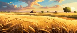 Wheat Field Sky With Clouds. Countryside Summer Background Gold Colors Grain Nature. Health Food Poster. Barley Vector Illustration Autumn Agriculture Landscape Banner