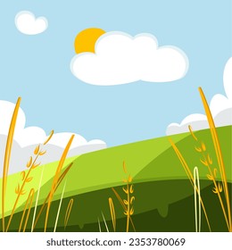 Wheat field sky with clouds. Countryside summer background gold color grain nature. Vector illustration of barley in cartoon style. Grains of wheat. Summer landscape with a field of ripe wheat
