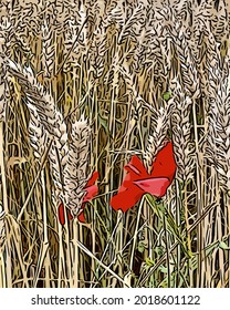 Weizenfeld mit Spikelets-roten Pfeppchen umreißt Cartoon
