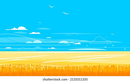 Wheat field with stalks on blue sky, summer countryside with yellow ripe crops, agricultural summer landscape in Ukraine country, grains harvest flat illustration