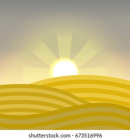 Wheat field in the sun. Dawn at the time of harvest. Thanksgiving Day. Autumnal vector landscape can be used in newsletter, brochures, postcards, banner.
