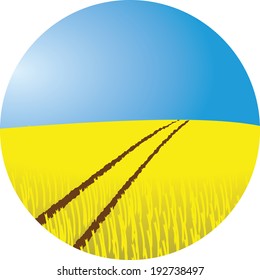 wheat field vector illustration with tractor tracks and blue sky