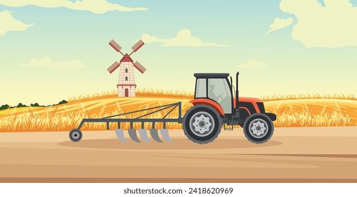 vista de campo de trigo con tractor cosechador, casa de molino y hermoso cielo. vector agrícola