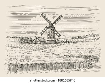 Wheat field and windmill sketch. Farm landscape vintage vector illustration