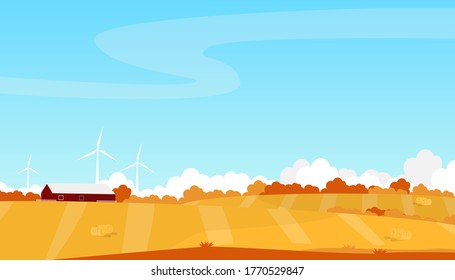 Wheat fields, agriculture, autumn landscape. Farm landscape in the fall afternoon. Rural life. Vector illustration.