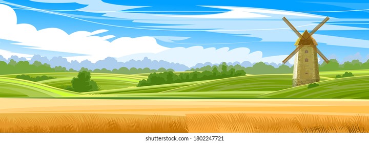 Wheat fields and grass meadows. Hills with blue sky and clouds. Windmill for flour production. Rural landscape. Countryside. Rye, barley, oats. Flat style. Vector illustration.