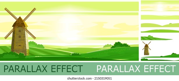 Wheat fields and grass meadows with parallax effect. Hills with blue sky and clouds. Windmill for flour production. Rural landscape. Countryside. Rye barley oats. Flat style. illustration Vector.