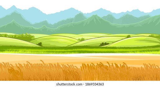 Weizenfelder. Landschaft ländlicher Dörfer. Weiden und Weiden. Getreideähren: Gerste, Roggen. Sommerrustikale Landschaft. Am Horizont sind Berge. Illustration. Vektorgrafik