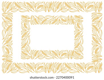 Wheat floral ornament square frame for bakery. Spikelets and ears of wheat, rye or barley. Editable outline stroke. Vector line.