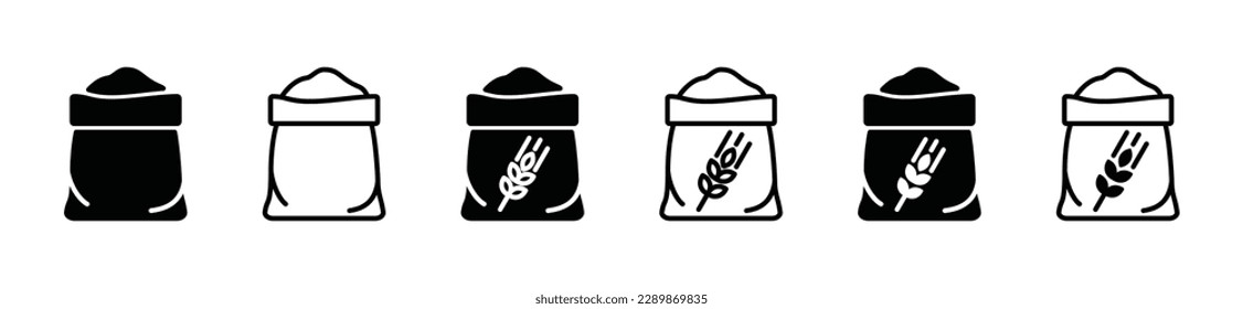 Wheat flour bag icons vector set. Wheat or grain bag icon in line and flat style. Cereals grain sack packaging sign and symbol. Vector illustration