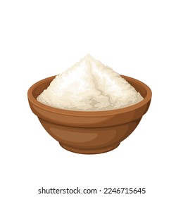 Wheat flour in bowl vector illustration. Cartoon brown cup with natural organic flour for baking bread and cake in bakery or home kitchen, single food ingredient for preparation of pastry recipe