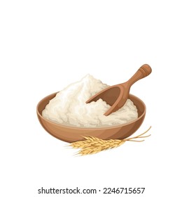 Wheat flour in bowl vector illustration. Cartoon wooden spoon in plate with pile of white flour and ears of grain, food ingredient and cereal product for baking bread in bakery and cooking pasta