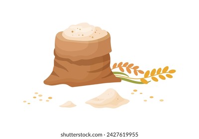 Wheat Flour in burlap bag with wooden scoop. Sack with wheat flour and grains. Flour bale in cartoon style. Vector illustration isolated on white background.