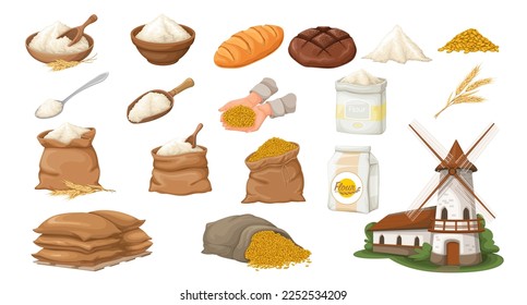 Wheat flour and grains set vector illustration. Cartoon burlap bag full of organic whole cereal seeds with scoop, wooden bowl with flour to bake bread in bakery, ears from farm field and windmill