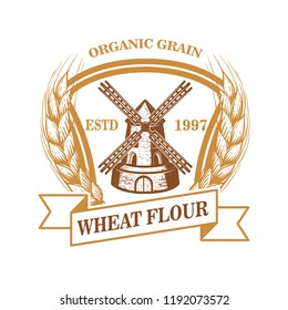 Wheat flour label template with wind mill. Design element for logo, emblem, sign, poster, t shirt. Vector illustration