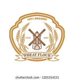 Wheat flour label template with wind mill. Design element for logo, emblem, sign, poster, t shirt. Vector illustration