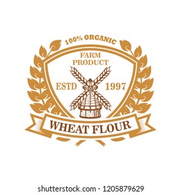 Wheat flour label template with wind mill. Design element for logo, emblem, sign, poster, t shirt. Vector illustration