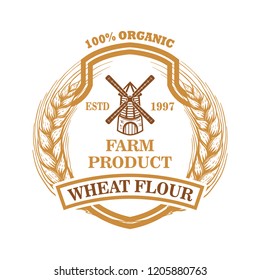 Wheat flour label template with wind mill. Design element for logo, emblem, sign, poster, t shirt. Vector illustration