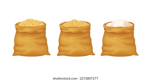 Wheat and flour. Large bags of wheat and flour. Cereals in bags. Vector illustration isolated on a white background