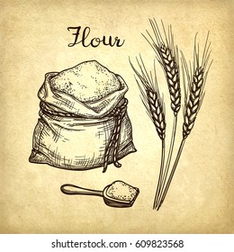 Wheat, flour sack and scoop. Hand drawn vector illustration on old paper background. Retro style.