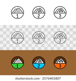 Wheat flour or salt grinding milling grade black line icons set. Adjustable stroke width.