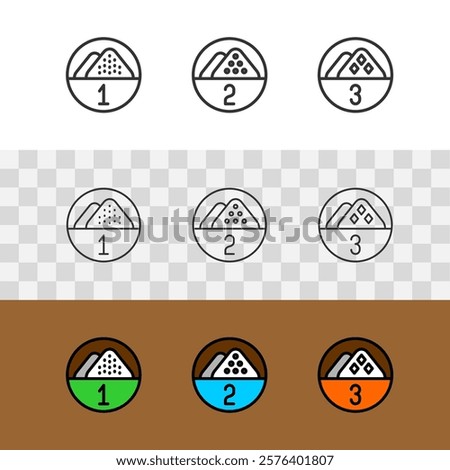 Wheat flour or salt grinding milling grade black line icons set. Adjustable stroke width.
