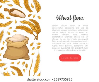 Wheat flour web banner with text. Bakery, organic grain products landing page vector illustration