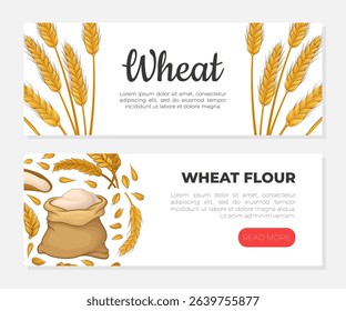 Wheat flour web banners set. Traditional organic grain products landing page, webpage vector illustration