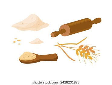 Wheat Flour in wooden scoop. Wooden spatula with flour and grains. Piles of flour. Flour piles, plunger, spikes in cartoon style. Vector illustration isolated on white background.