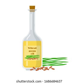 Wheat germ oil in glass bottle with natural ingredient. Liquid extracted from kernel vector illustration. Organic fresh product near packaging.