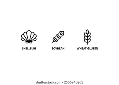 Wheat gluten icon, soybean, shellfish sign. Food allergen icons. Allergen free products. Products warning symbols.