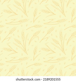 Wheat golden spikelets and grains, vector yellow seamless pattern in flat style, isolated. Design of print, wrapping paper, packaging on theme of bakery products, flour, harvest, thanksgiving