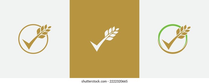 Wheat Grain Check Logo Stamp Badge Concept sign symbol icon Design Element. Tick, Product, Agriculture, Plant, Bakery, Vegan, food, Harvest Logotype. Vector illustration logo template