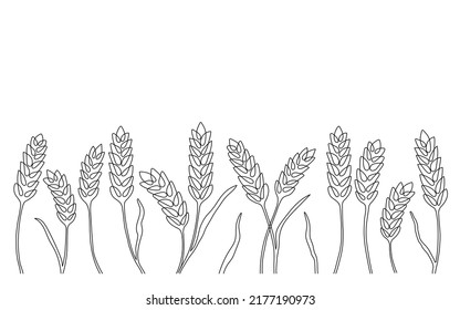 Wheat grain ear border, nature pattern, continuous art line drawing. Linear sketch of wheat, barley, rice, corn, oat ear and grain. Outline spica plant for agriculture, cereal products, bakery. Vector