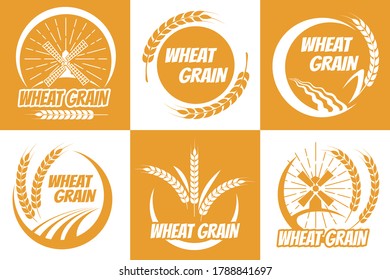Wheat grain emblem set. Concept of natural organic grained healthy breakfast, harvest barley on fields for baking loaf or cake, golden insignia of agriculture on farms in autumn