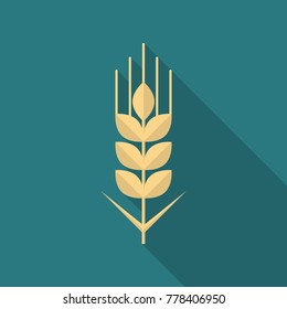 Wheat grain icon with long shadow. Flat design style. Wheat grain simple silhouette. Modern, minimalist icon in stylish colors. Web site page and mobile app design vector element.