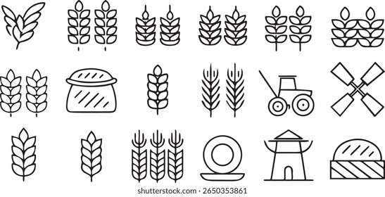 Wheat and Grain Icons, farming crop, agricultural plants, wheat stalk, editable black icon collection
