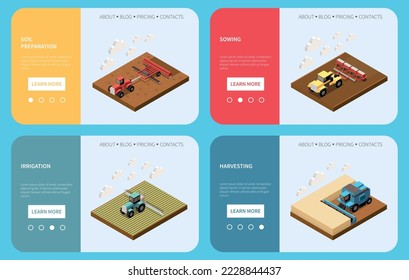 Wheat grain industry four landing pages providing information about soil preparation sowing irrigation harvesting isometric vector illustration