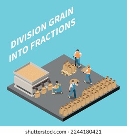 Wheat grain industry isometric background depicting workers characters involved in division grains into fractions vector illustration