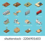 Wheat grain industry isometric set of soil preparation irrigation harvesting sorting cleaning transportation elevator grain and flour milling isolated icons vector illustration