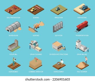 Weizen Getreide Industrie isometrische Satz der Bodenvorbereitung Bewässerung Ernte Sortierung Transport Liftkorn und Mehlfräsen einzelne Symbole Vektorgrafik