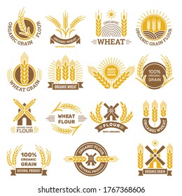 Wheat grain logo. Flour farm food for breakfast shop harvesting wheat traditional products vector badges set