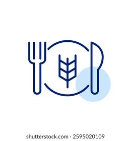 Wheat grain on plate, fork and knife. Homemade or artisan bread. Pixel perfect, editable stroke vector icon