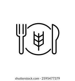 Wheat grain on plate, fork and knife. Homemade or artisan bread. Pixel perfect, editable stroke vector icon
