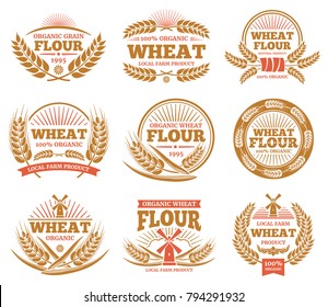 Wheat grain product and bread vector labels. Nature wheat ears badges. Agriculture sticker and label, wheat and organic flour illustration