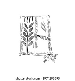 Wheat grain sketch. Hand drawn black and white whole bag of harvested seed. Cereals agriculture, organic farming, healthy food symbol. Vector design template for food package or bakery design element