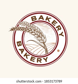 Wheat grains and field for bakery and bread emblem stamp logo vintage style design