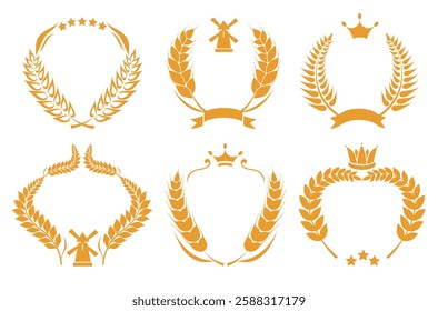 Wheat grains logo. Cereal frames. Ready made elements for design. Farm products labels. Decorative barley ears. Farming emblems with crowns and stars. Bakery logotype