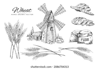 Wheat grinding and bakery items collection of hand drawn sketch vector illustration isolated on white background. Flour milling and grain production industry icons.